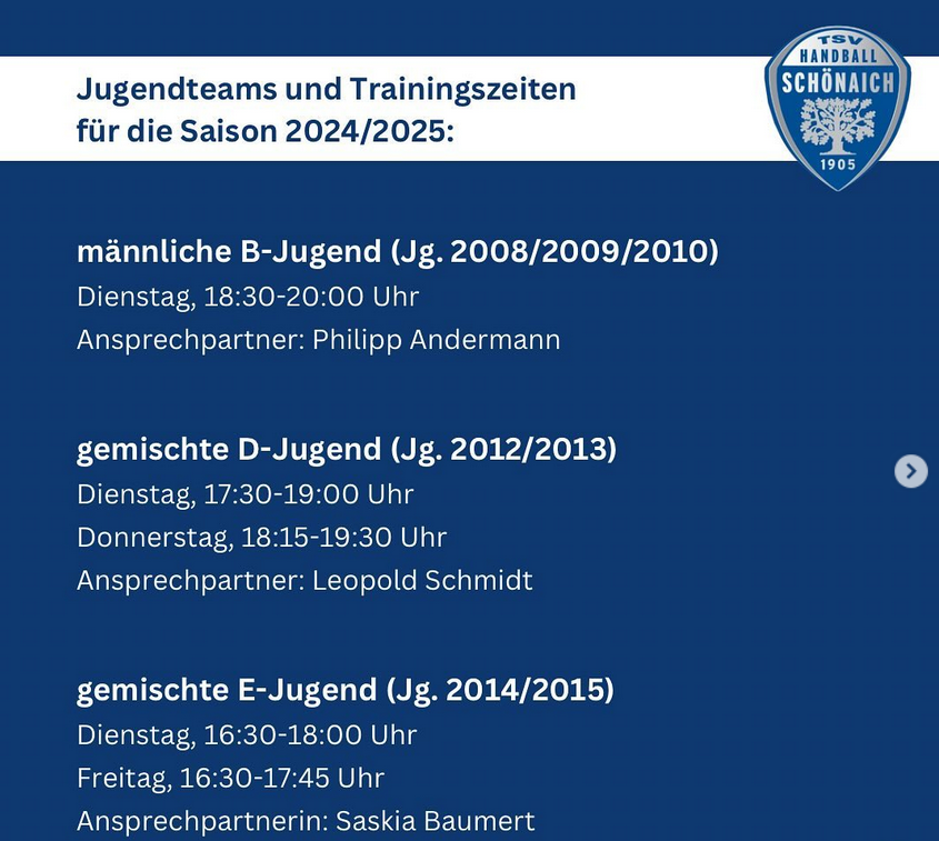 Jugendteams und Trainingszeiten für die Saison 2024/2025